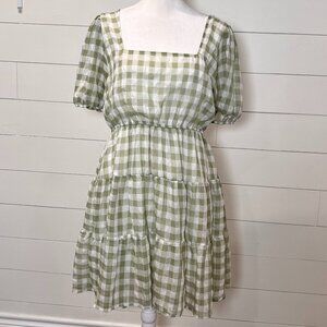 Mine Sheer Sage and White Gingham Dress w/ Puff Sleeve Size L